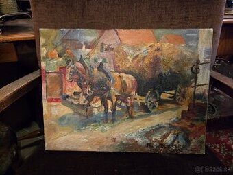 Olejomaľba „Voz so senom“ – Karl Wilhelm Bergmüller