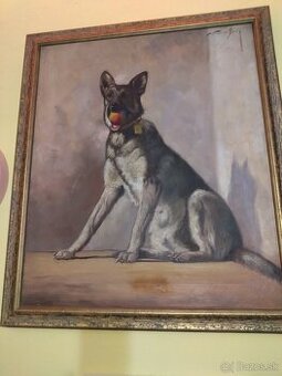 Obraz 57x66 cm, pes, signovaný, starožitný