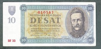 Staré bankovky Slovensko 10 sk 1943 pěkný stav