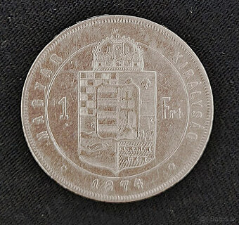 ☀️ 1 forint, zlatník  rok 1874 KB, Rakúsko - Uhorsko, ☀️