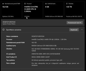 Herný počítač i5 6600 / 16GB DDR4 ram / GTX 1060 6GB