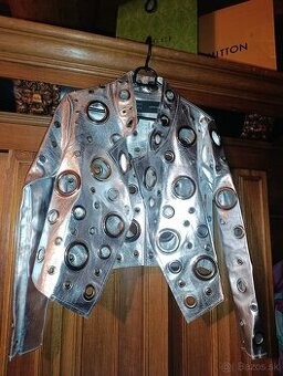 Extravagantná koženkové strieborná bunda