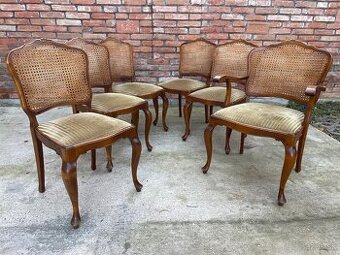 Vintage jedálenské stoličky – masívne drevo, ratanový výplet