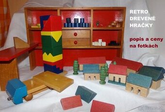 Staré drevené HRAČKY, VEŽA, AUTO, KOCKY, BÁBKY, DEDINKA