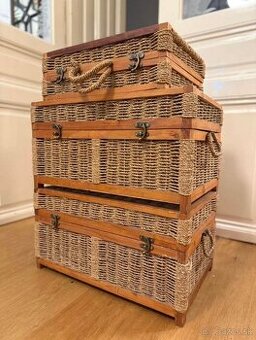 3 ratanové komody kufre, hnedé, prírodné drevo, prírodný rat