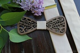 Pánsky drevený motýlik a traky béžové - 1