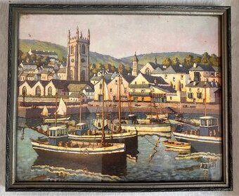 Vintage obraz James P. Power - Prístav St. Ives (28x21 cm)