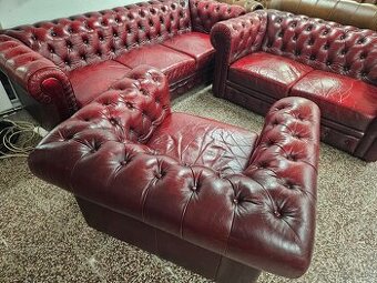 CHESTERFIELD ŠTÝL KOŽENÁ SEDAČKA 3+2+1,BORDOVÁ