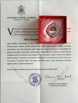 Relikviár z 21. stor. s relikviou Svätý Pankrác, mučeník