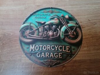 Plechová guľatá tabuľa Moto garáž