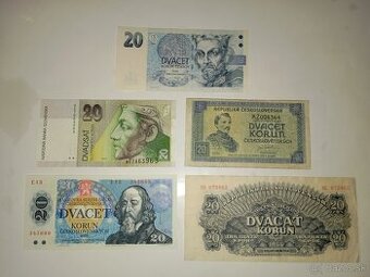 BANKOVKY 20 KČS 1944-1994, 5 RŮZNÝCH EMISÍ, NEPERF.
