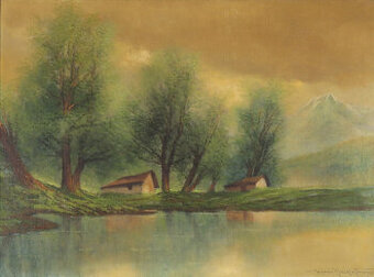 Eugen Szepesi-Kuszka, Domy pri rieke, olej na plátne, 60x80