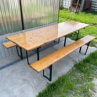 Pivný set, stôl 220 x 70 cm, borovicové drevo/oceľ, 3dielny
