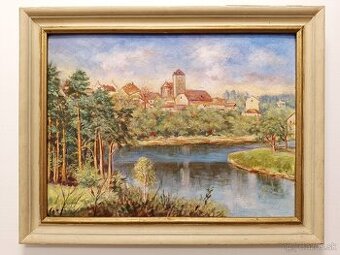 Obraz J. Rybář, Týnec nad Sázavou, olej na desce 49x63