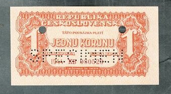 Staré bankovky 1 koruna 1944 VZÁCNÁ perforace, bezvadný stav