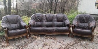 Kožená sedacia súprava 3+1+1 s masivnym drevom