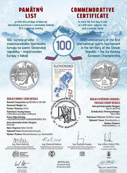 10€ minca ME v Hokeji v kvalite Proof + Pamätný list - 2