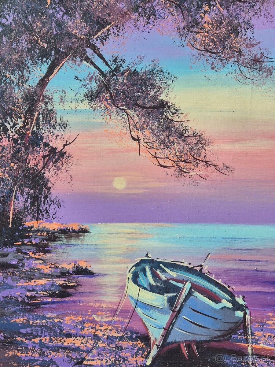 Platno,zatisie na mori s lodkou- olej na platne, Chorvatsko - 2