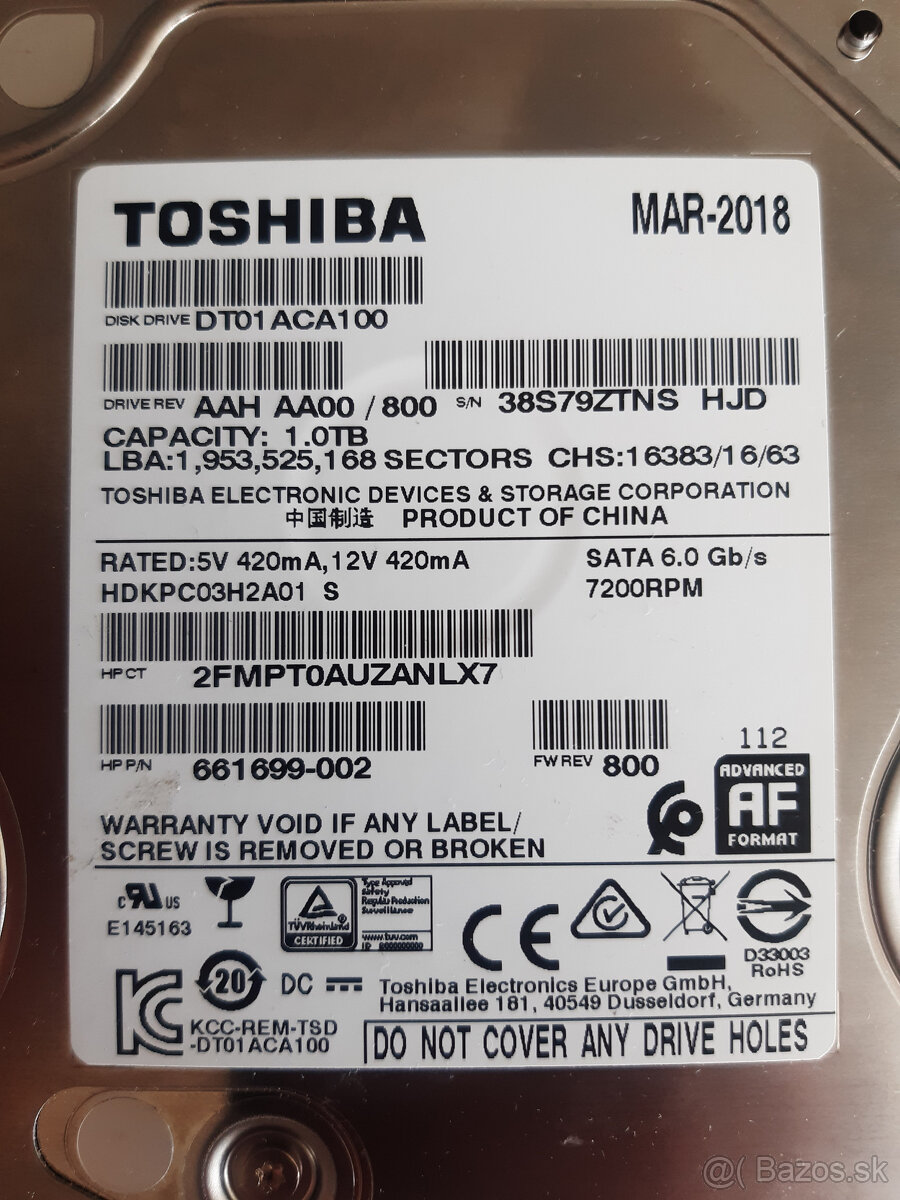 HDD 1TB 3,5" TOSHIBA SATA 3, 32MB cache - použitý - 2