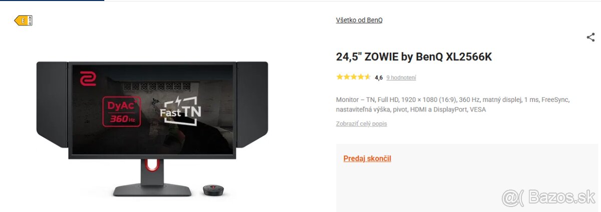 Herný monitor BENQ 360 hz v záruke rok a pol - 2