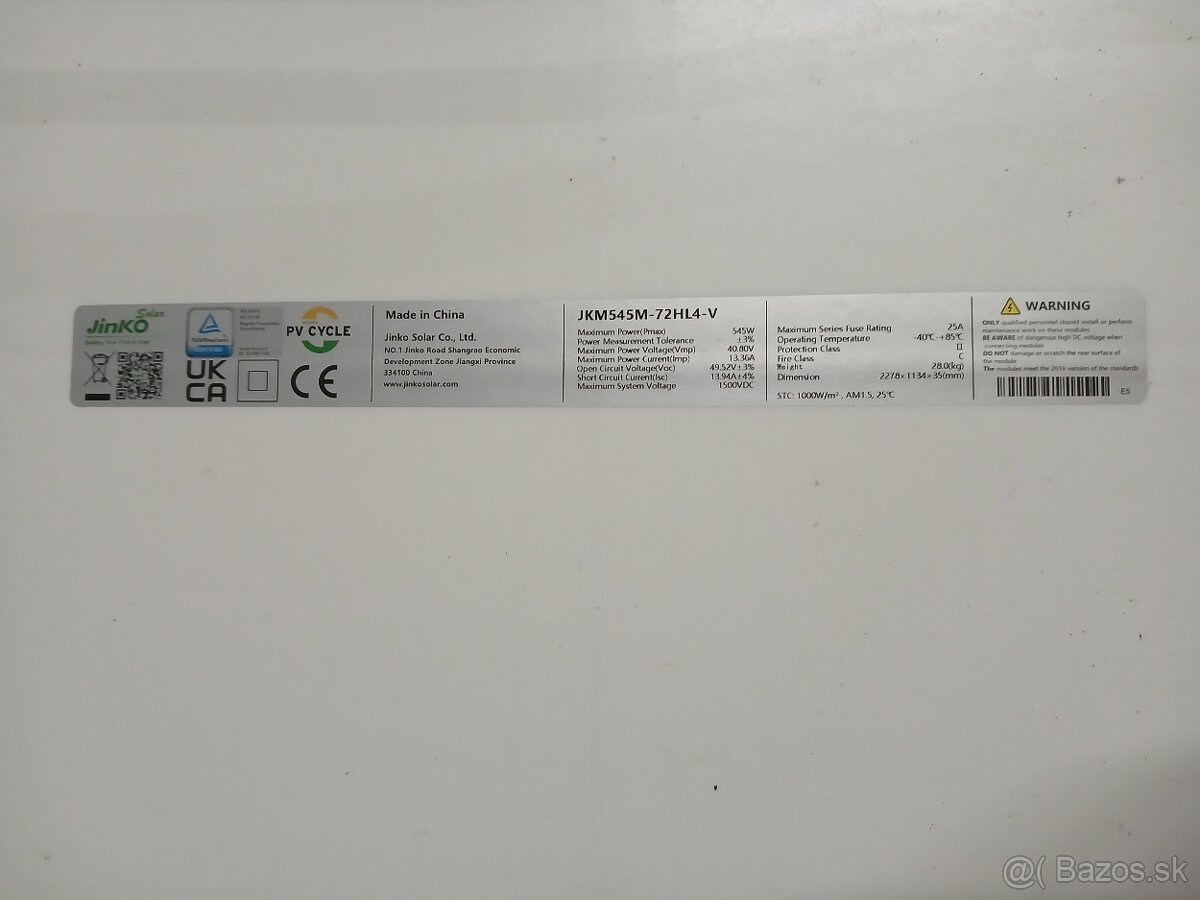 Predáj solárnych panelov cca 200 ks JinKO 545W 40.80V - 2