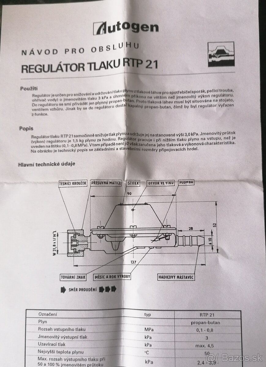 Plynový regulátor tlaku PB - 2