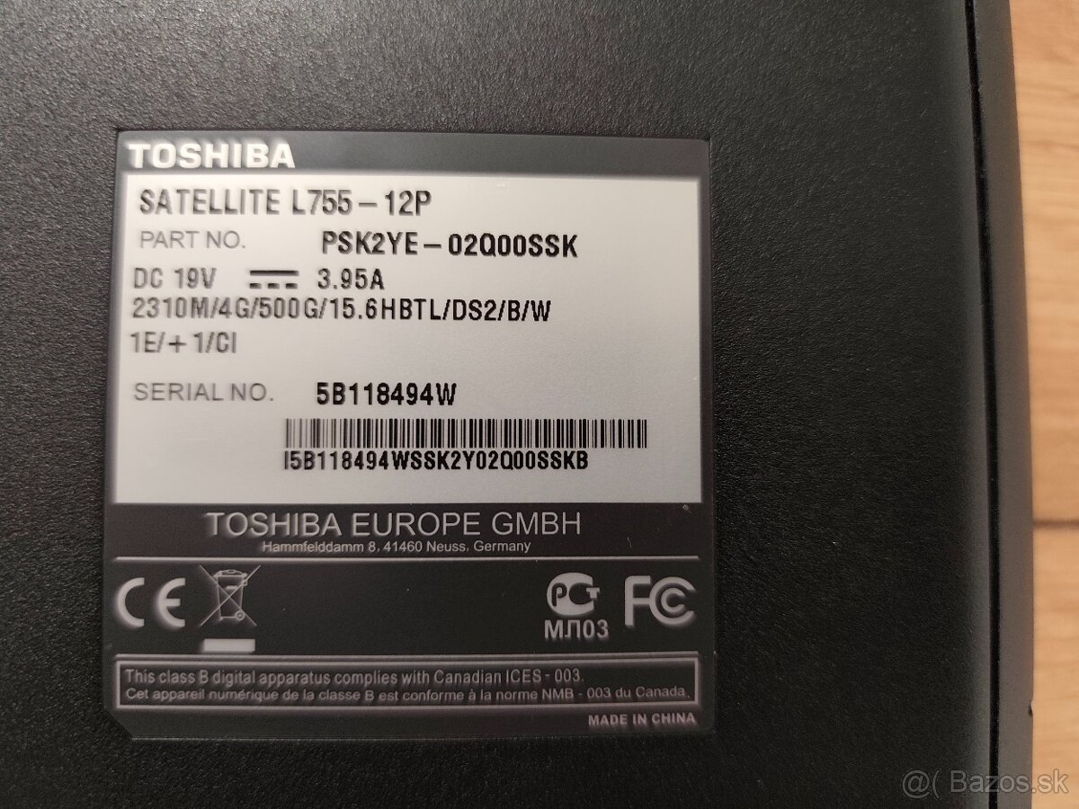 Notebook Toshiba L755-12P - 2