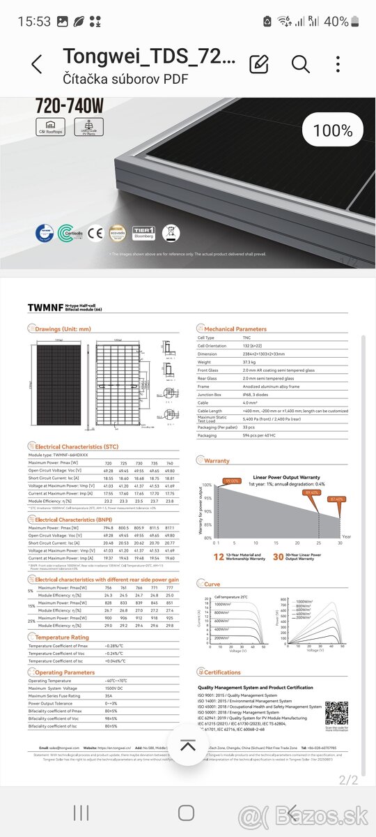 Fotovoltaicky Panel 725wp Bifacial Tw solar - 2