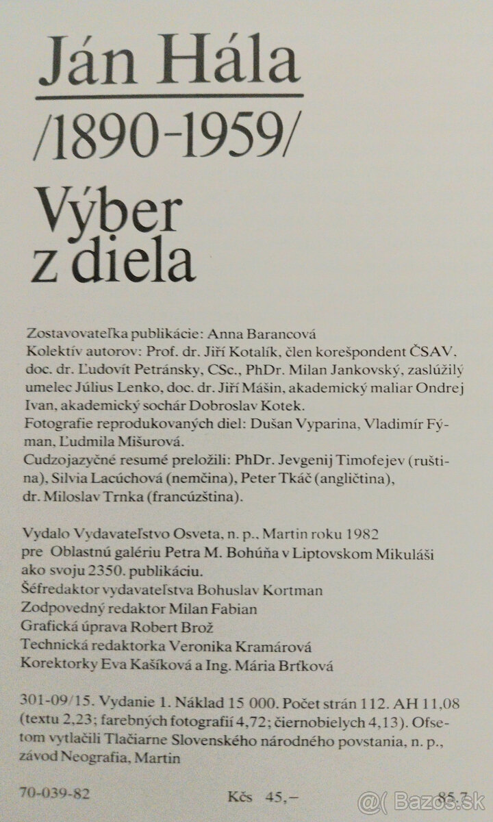 Predám knihu Ján Hála /1890 – 1959/ Výber z diela, 1982 - 2