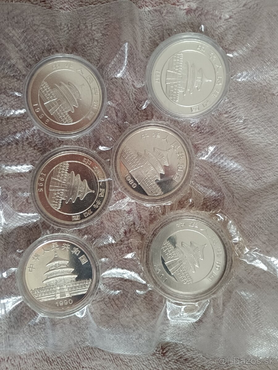 Čínska panda 10 Yuan od r. 1989. Strieborné mince. 1 oz. - 2