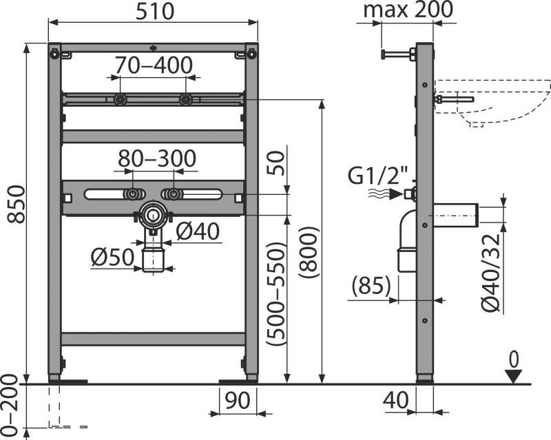 Montážny rám pre umývadlo, Alcaplast, Alcadrain A104/850 - 2