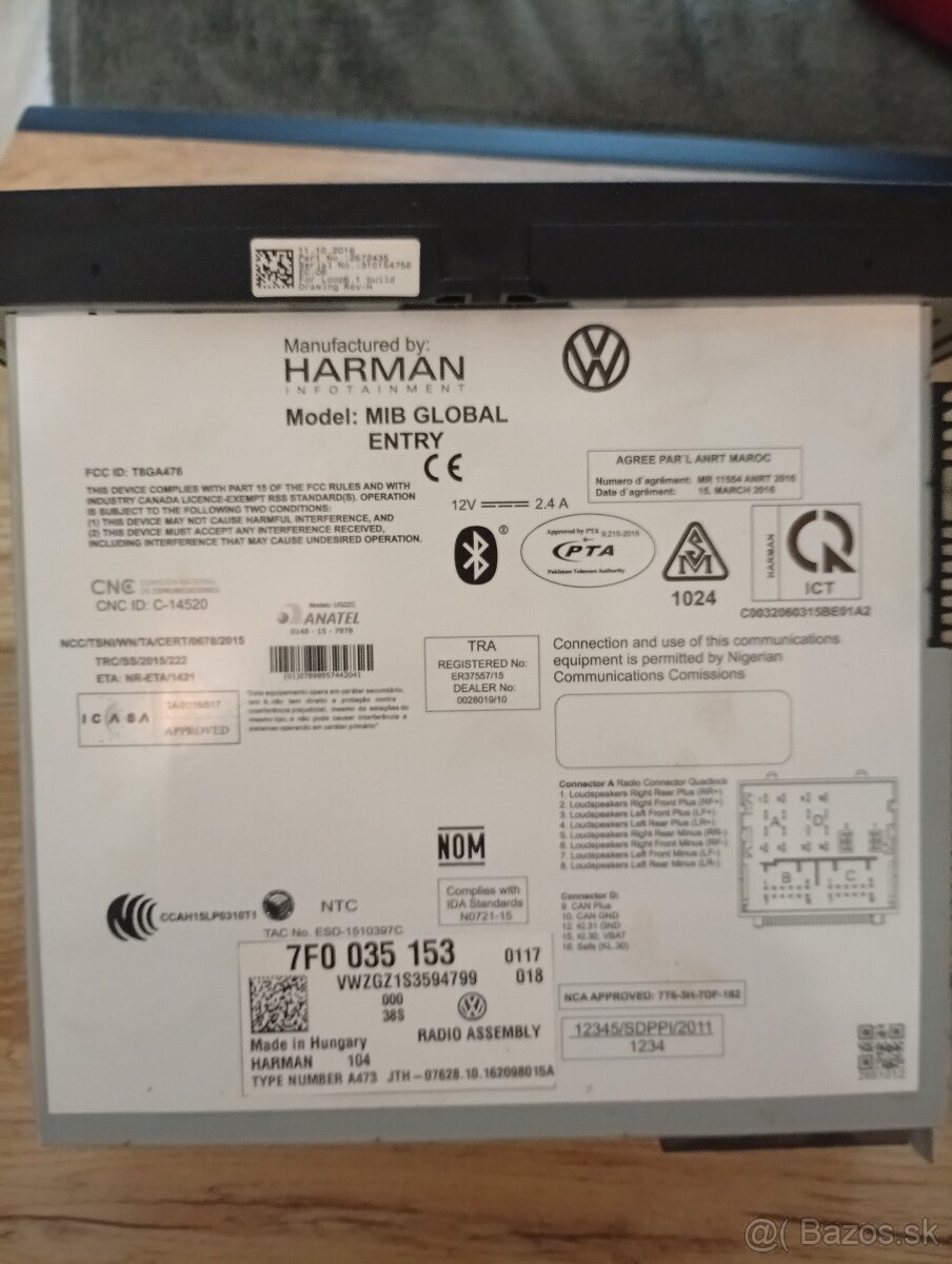 Predám original radio VW Harman MIB GLOBAL ENTRY - 2