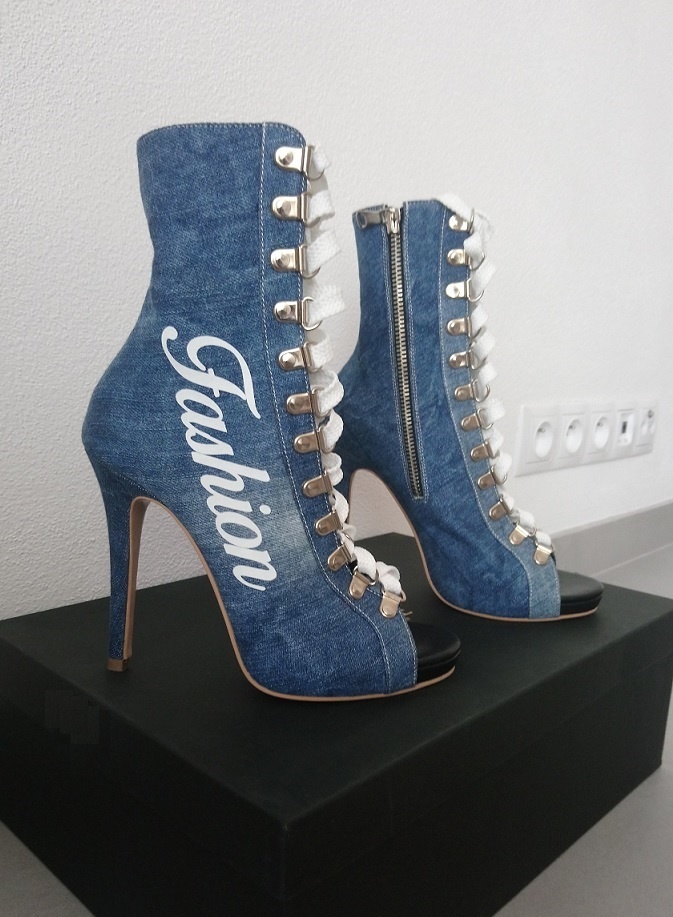 Luxusné dámske denim kotníkové čižmy s otvorenou špičkou - 2