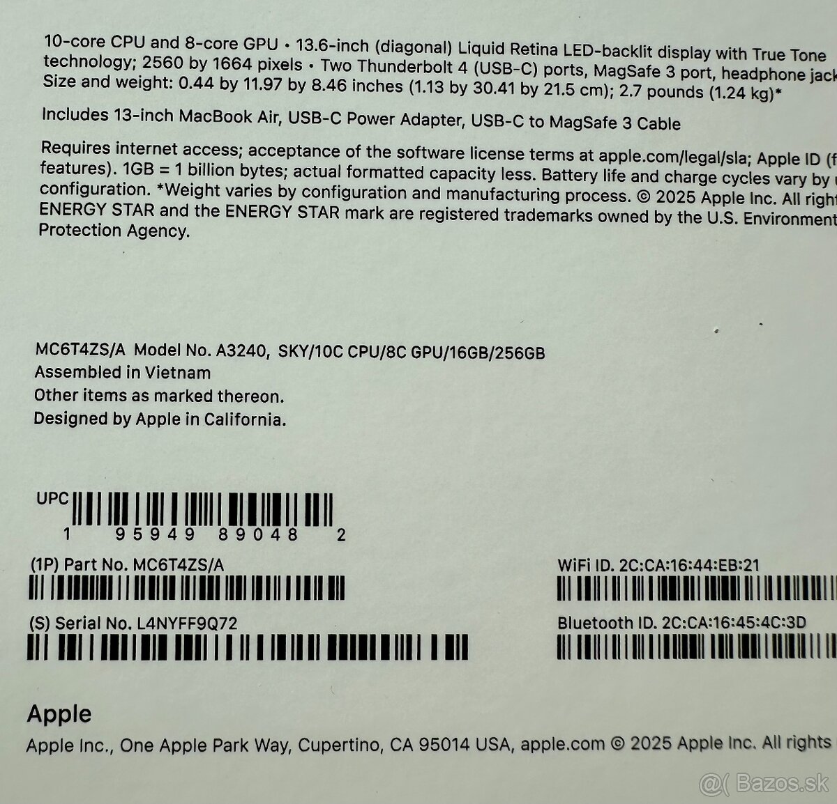 Predam MacBook Air M4 (Model A3240, SKY/10C CPU/8C GPU/16GB/ - 2