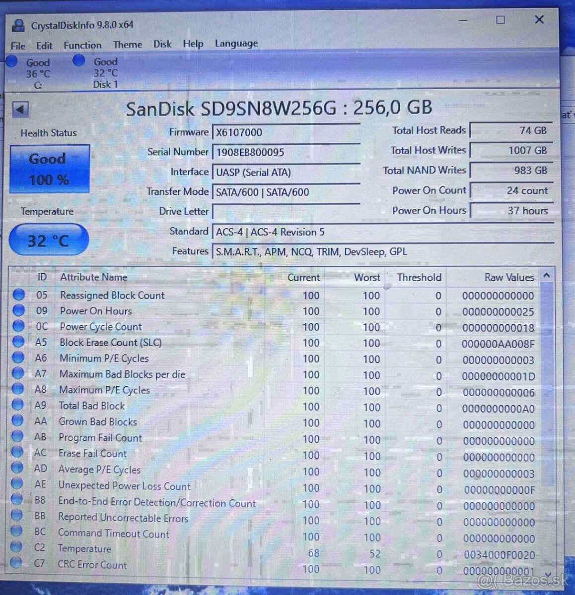 256GB Sandisk M.2 sata SSD / 37 hodín - 2