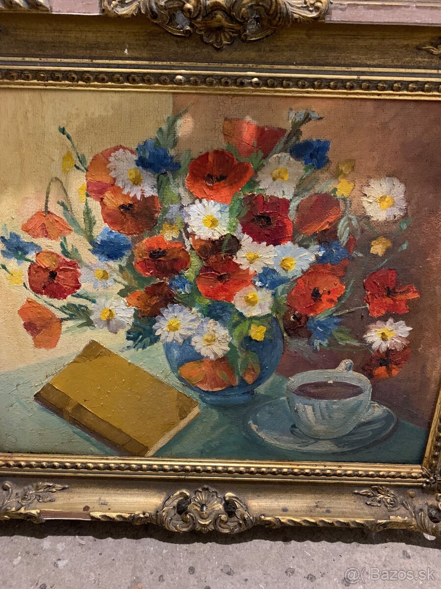 Olejomaľovaný obraz - Kytica kvetov, kniha a šálka kávy - 2
