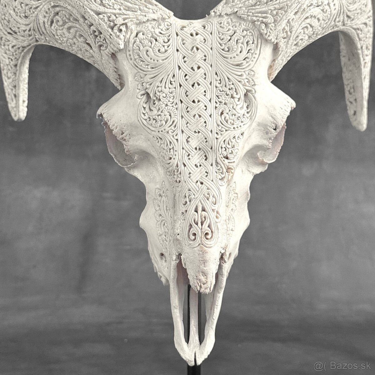 Vyrezávaná lebka barana na kovovom stojane - motív Infinity - 2