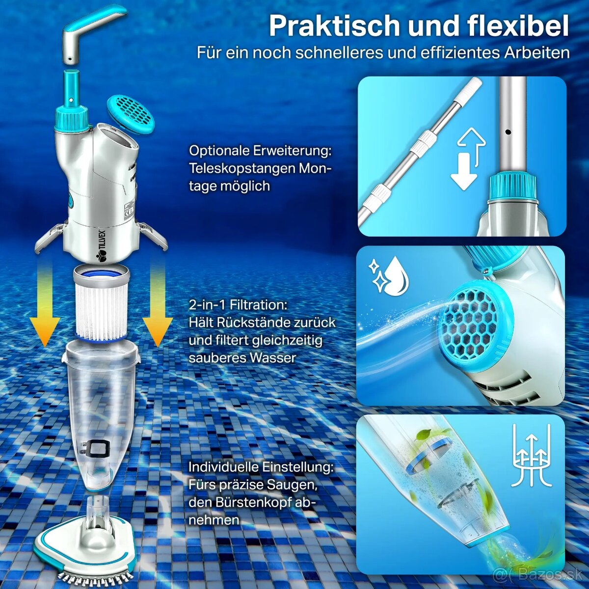 tillvex® elektrický vysávač do bazéna–akumulátorový,novy - 2