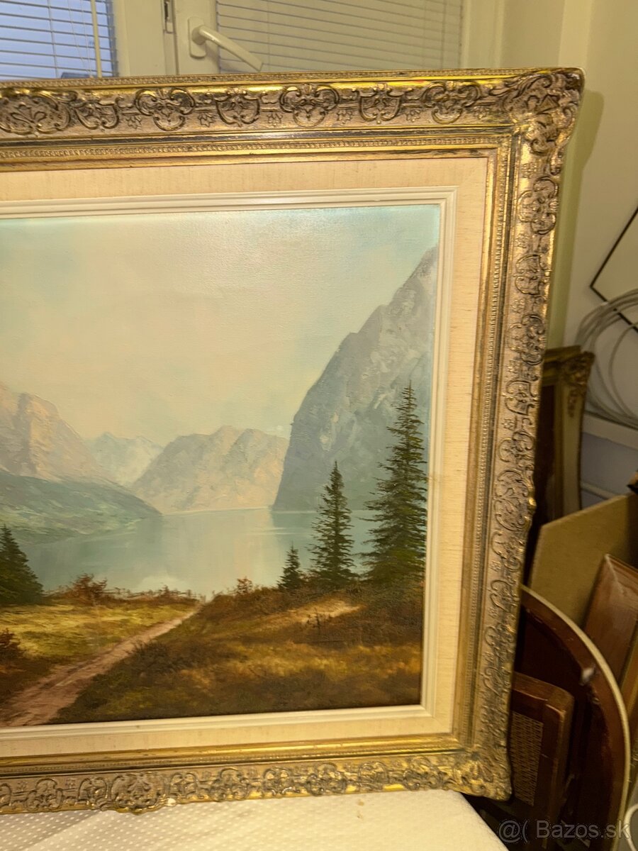 Stary signovany, malovany obraz krajinky na platne - 2