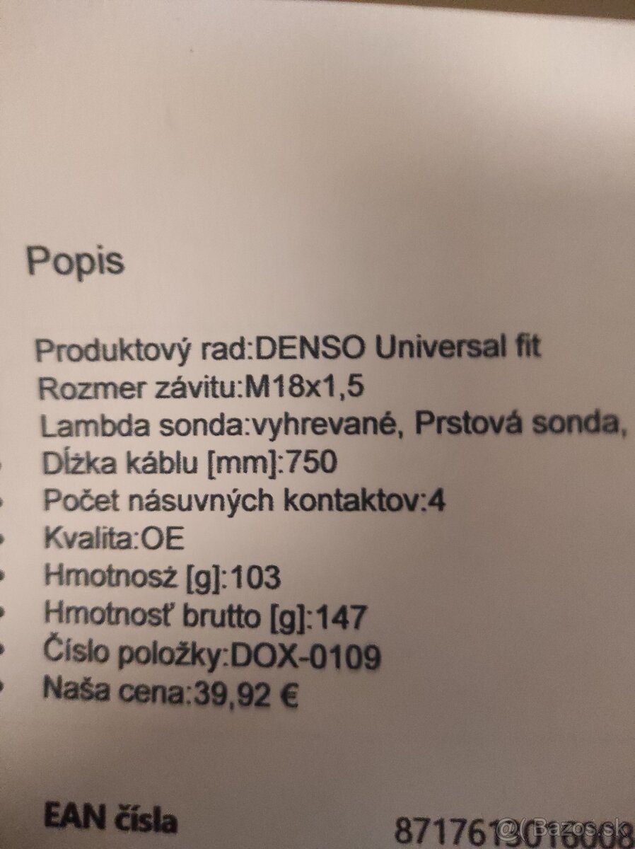 Predám nové lambda sondy DENSO DOX-0109 - 2ks. - 2