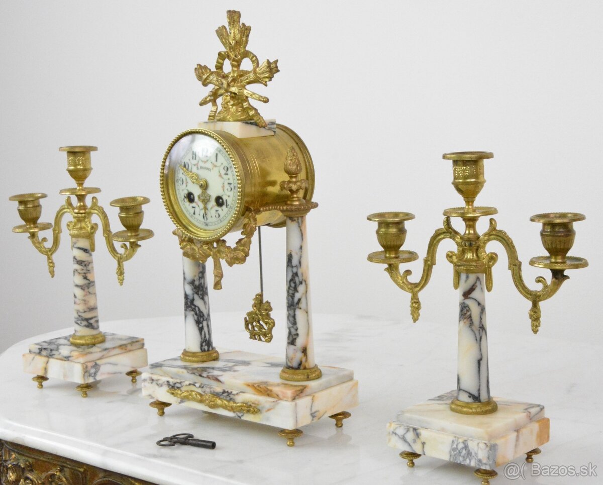 Starožitné sloupové hodiny France se svícny 1870 - 2