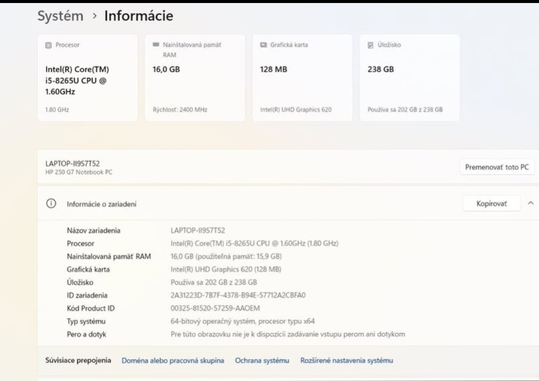 Predám notebook HP 250 G7 – i5 / 16GB RAM / SSD - 2