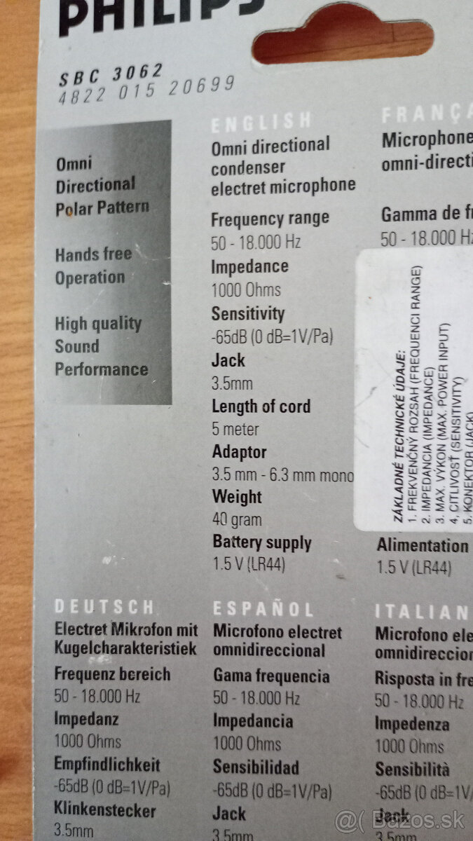 Predám mikrofón Philips SBC 3062...5m kábel - 2
