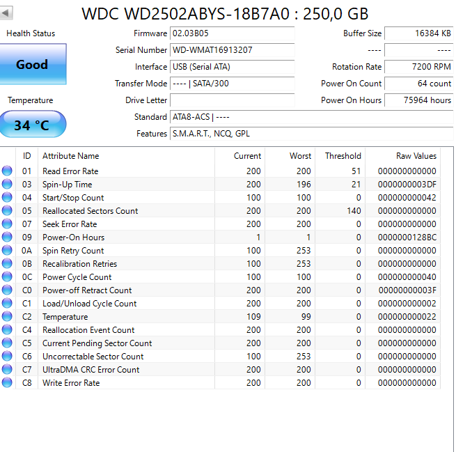 250GB WD2502ABYS Hard disk - 3.5" SATA - 2