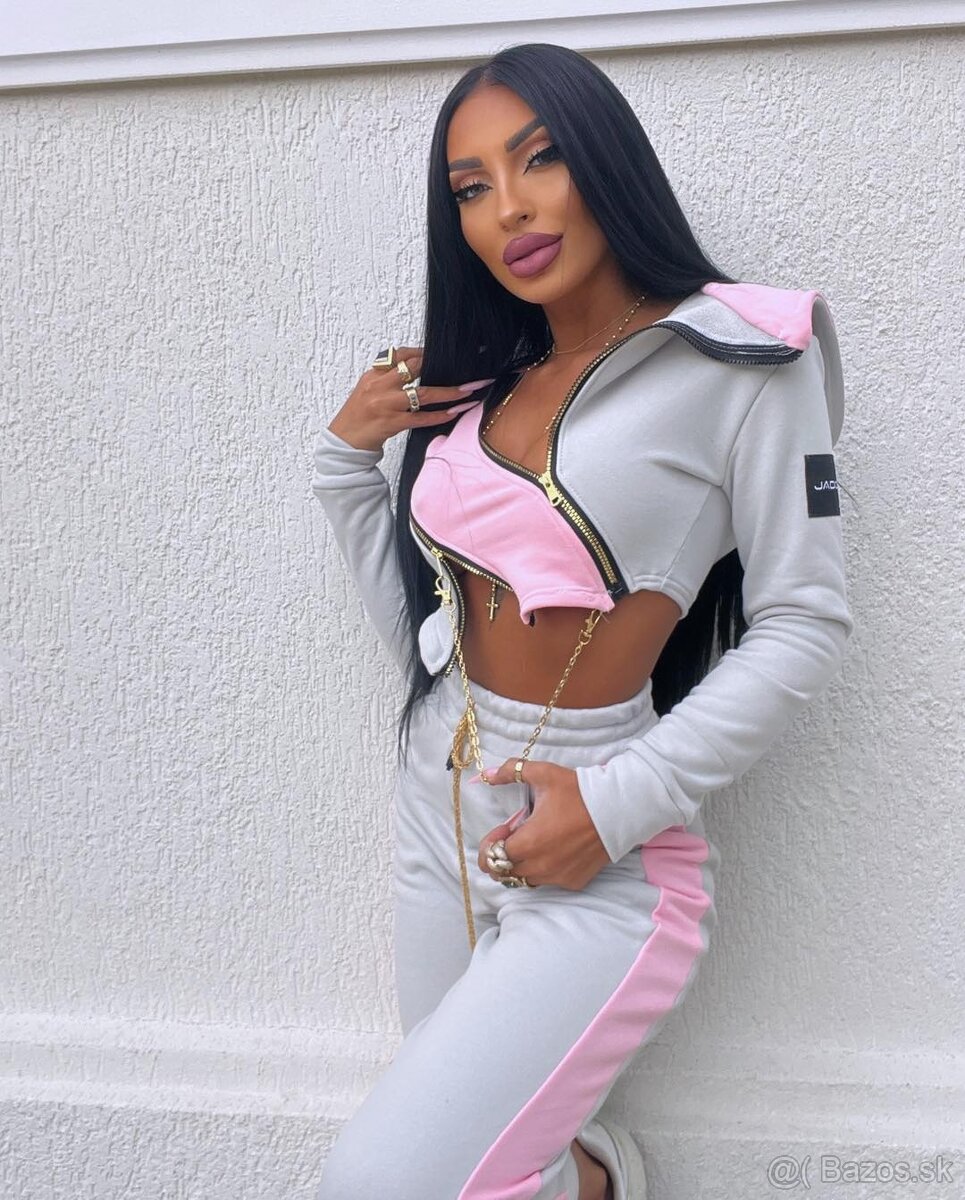 Moderna teplakova crop mikina s retiazkou sivo ruzova NOVA - 2