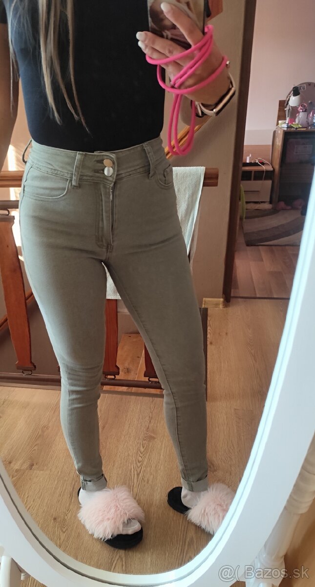 Dámske nové rifle olivovo zelenej farby s vysokým pásom - 2