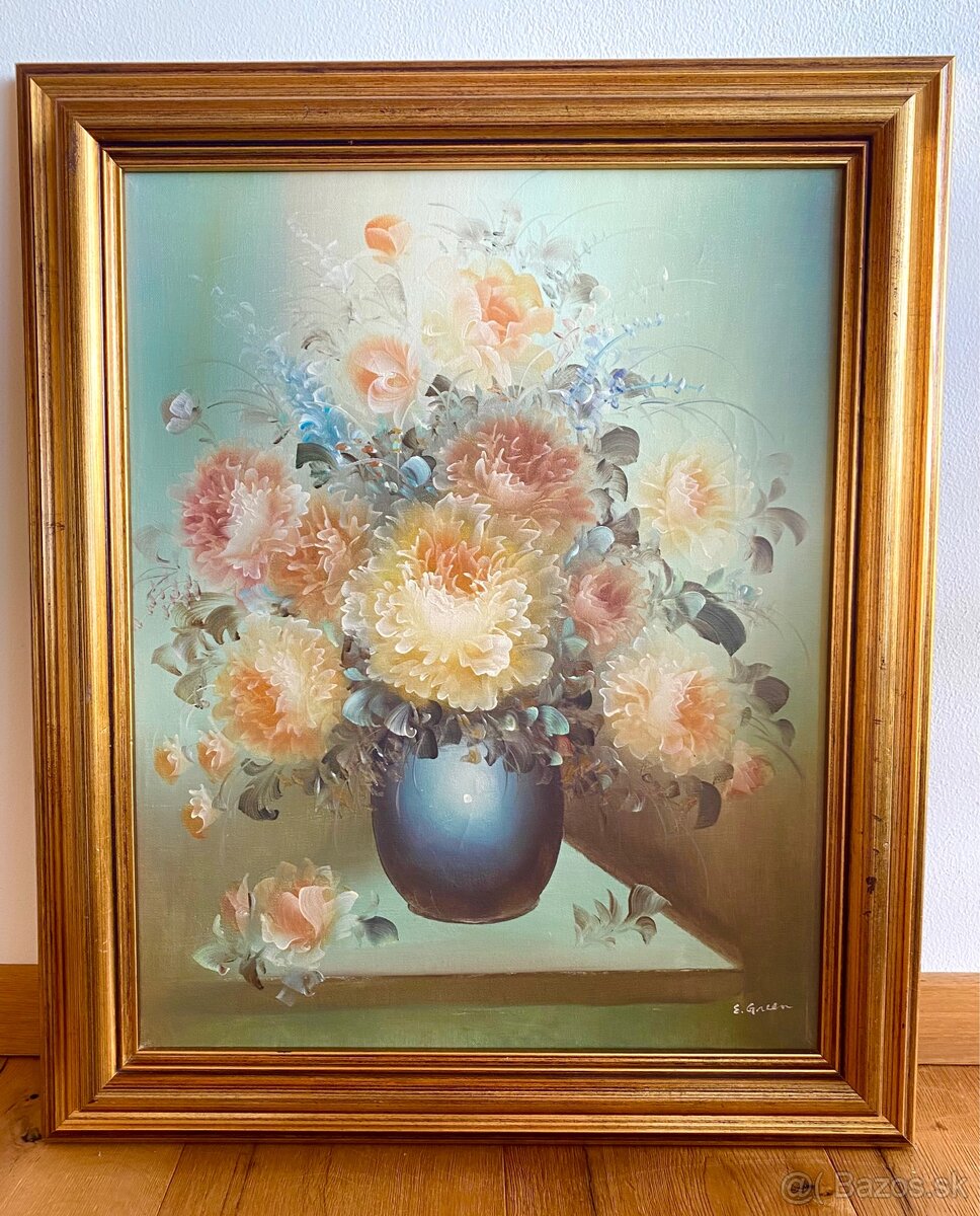 Starý obraz květin, olejomalba na plátně - 2