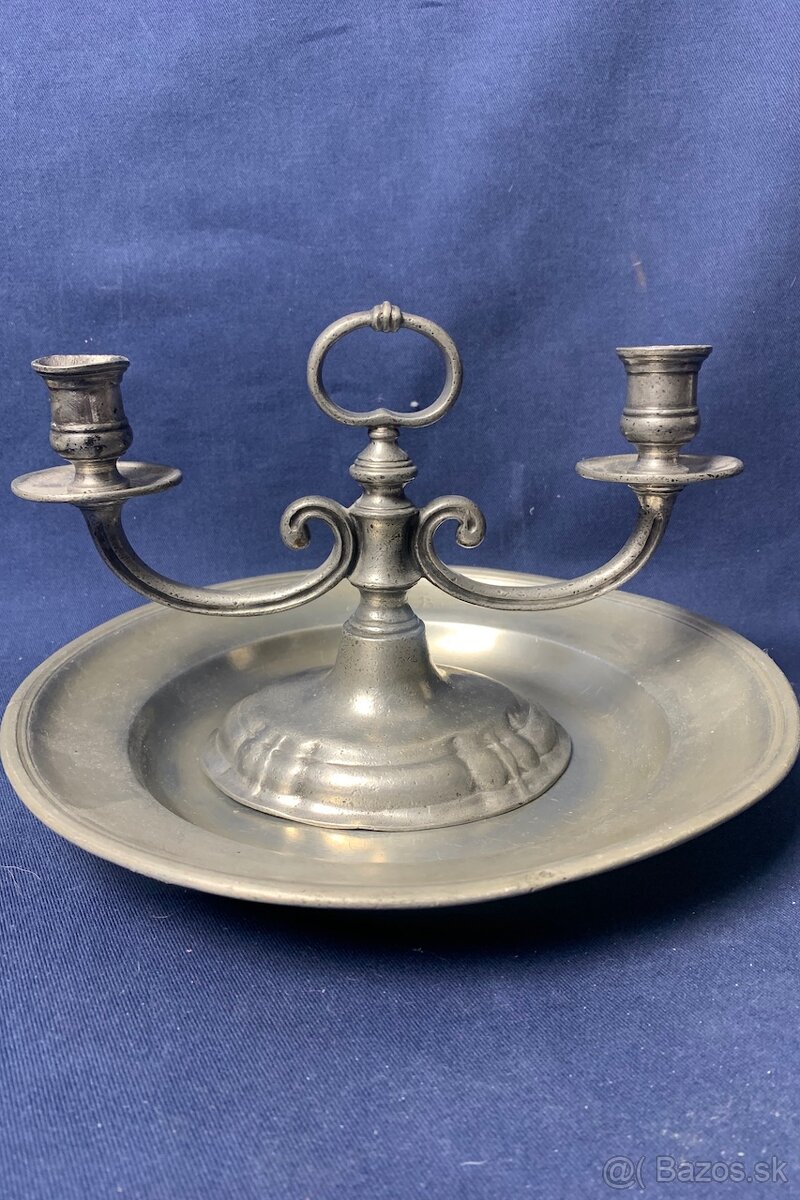 Starozitny kovový svietnik a tanier - 2