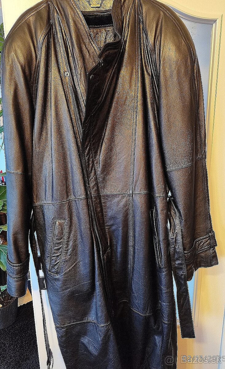 Pánský dlouhý černý kožený kabát styl křivák, hodně velký - 2