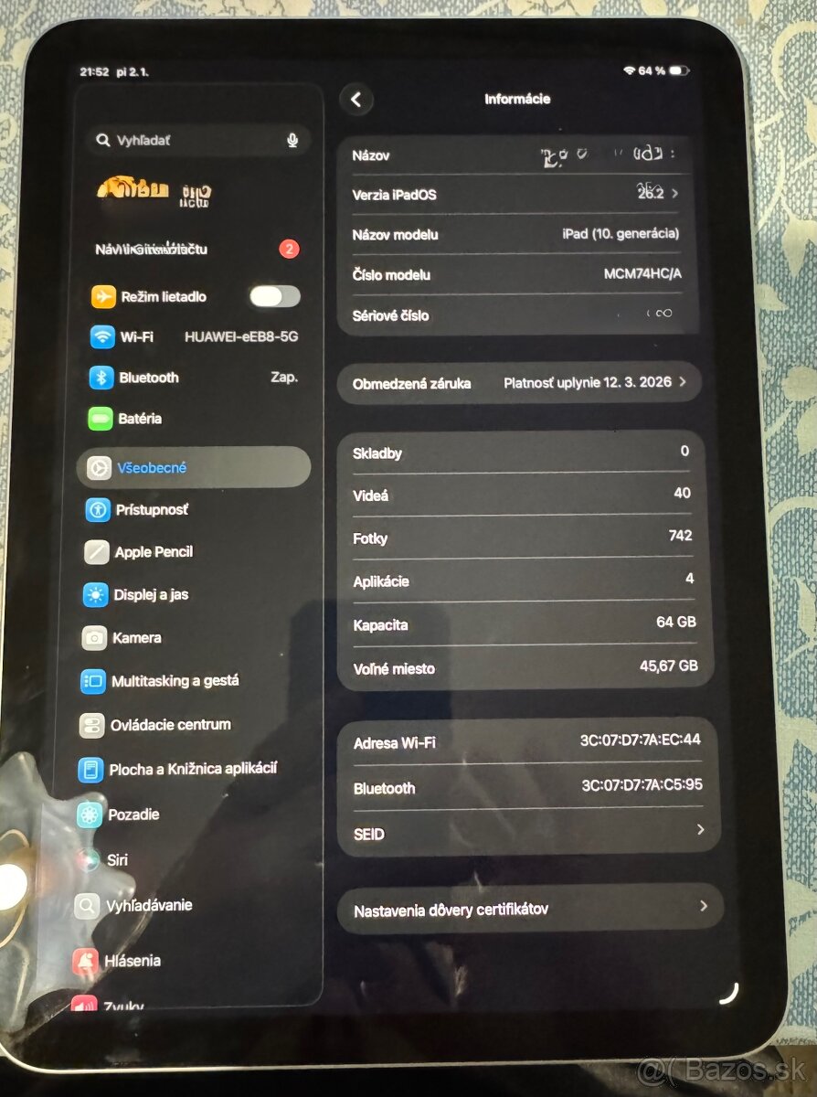 Apple Ipad 10th gen. 2022 64gb strieborný - 2